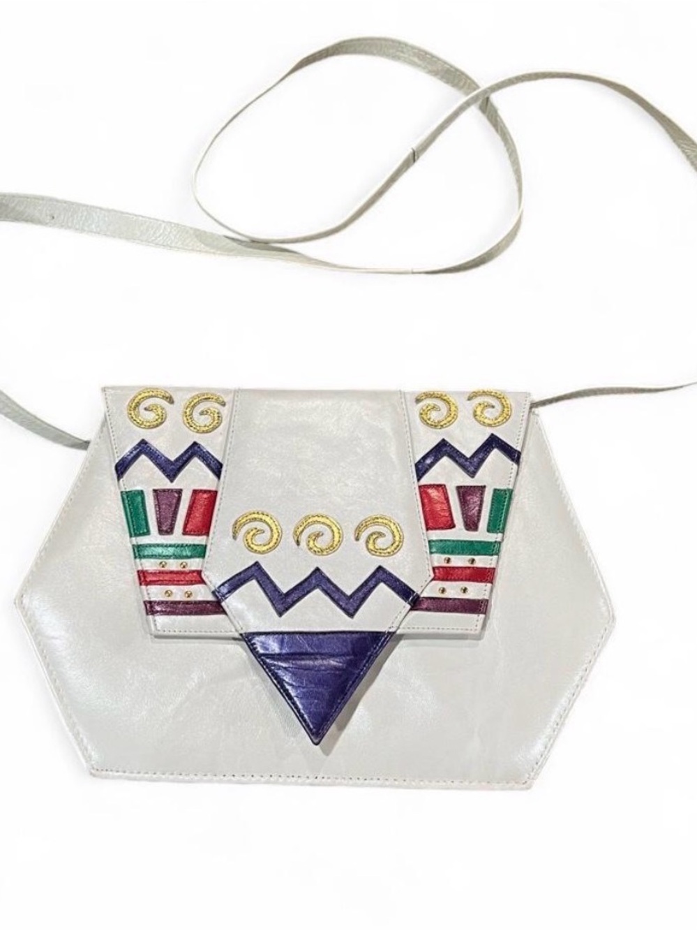 Vintage 80’s White Geometric Multicolor Margaret Jerrold Leather Shoulder Bag